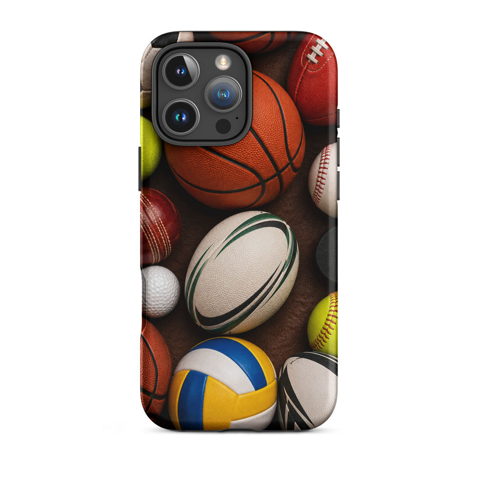 Ball Collection Tough case for iPhone 16 Pro Max, colourful sports ball collage, rear view on white