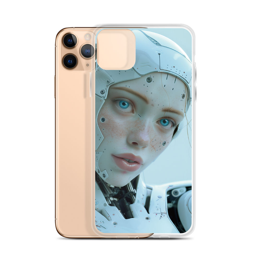 AI Serenity clear iPhone case with luminous blue-eyed android portrait – close-up artwork detail