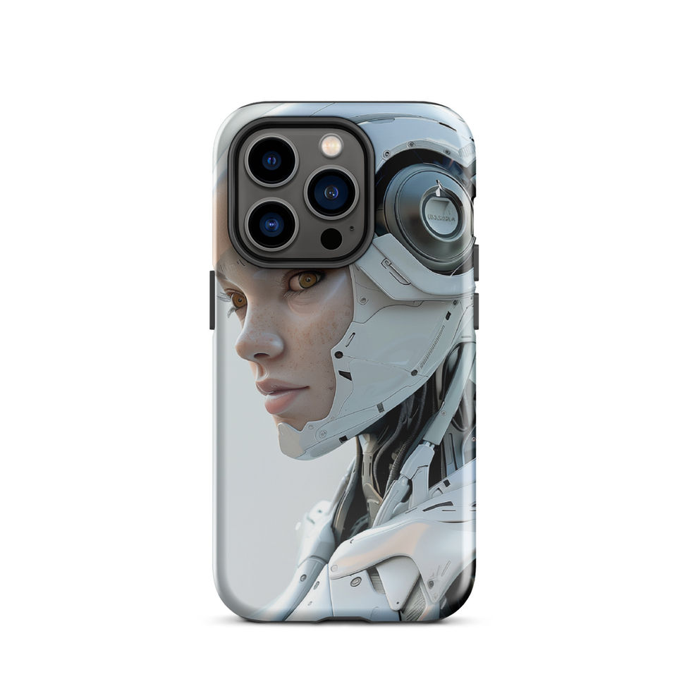 Futuristic male robot with pale teal neck mechanics; close-up detail on an iPhone® Tough Case.