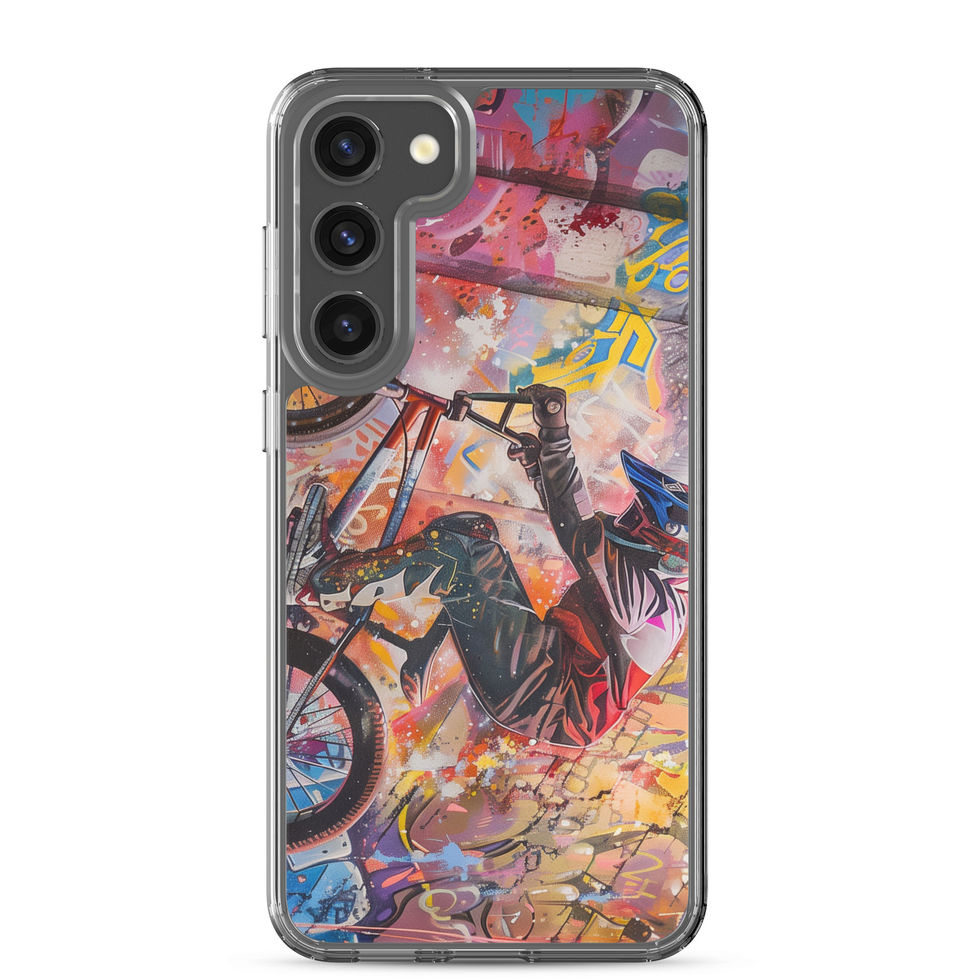 Graffiti Grind Clear case for Galaxy S23 Plus, BMX rider amid pink and yellow graffiti, rear view on white