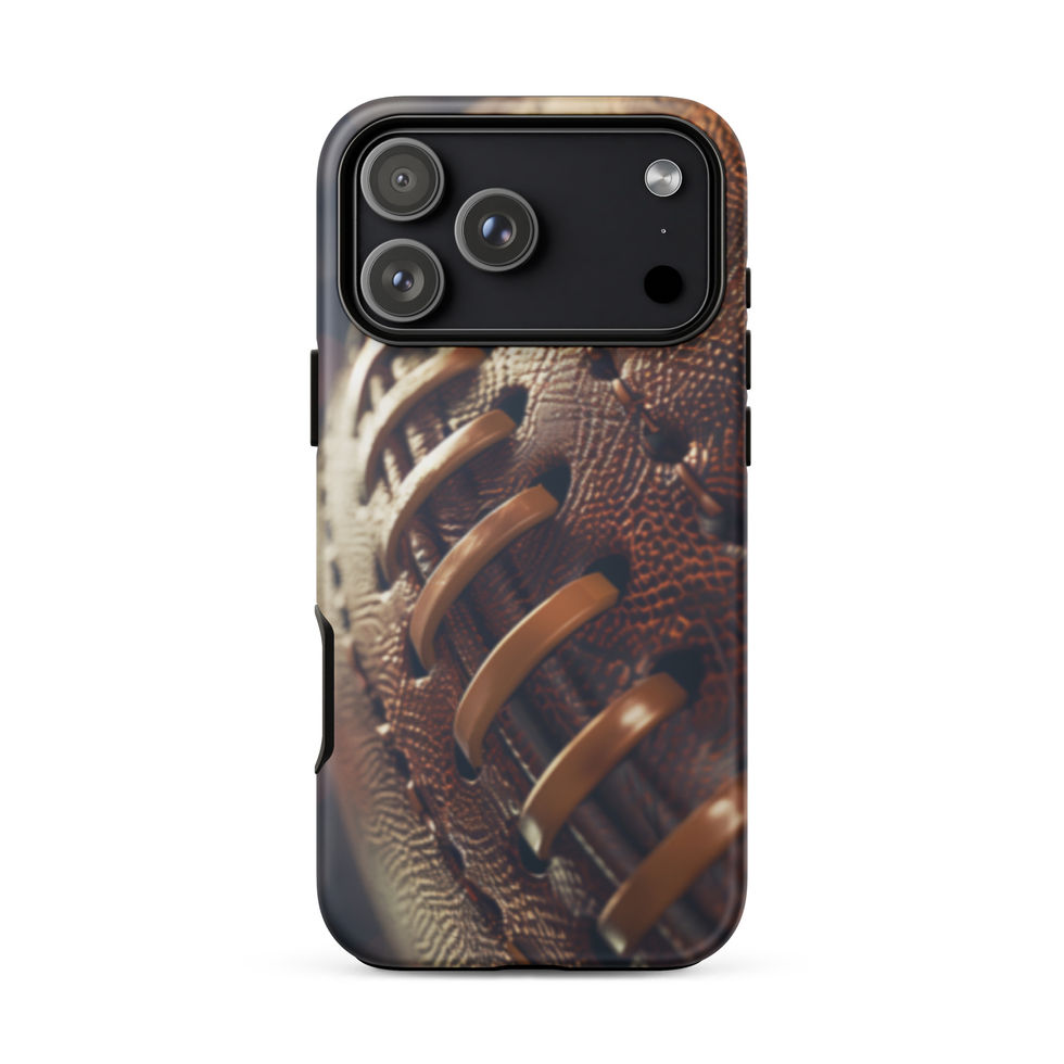 Stadium Lights Tough case for iPhone 17 Pro Max, worn brown football artwork and golden laces, rear view on white