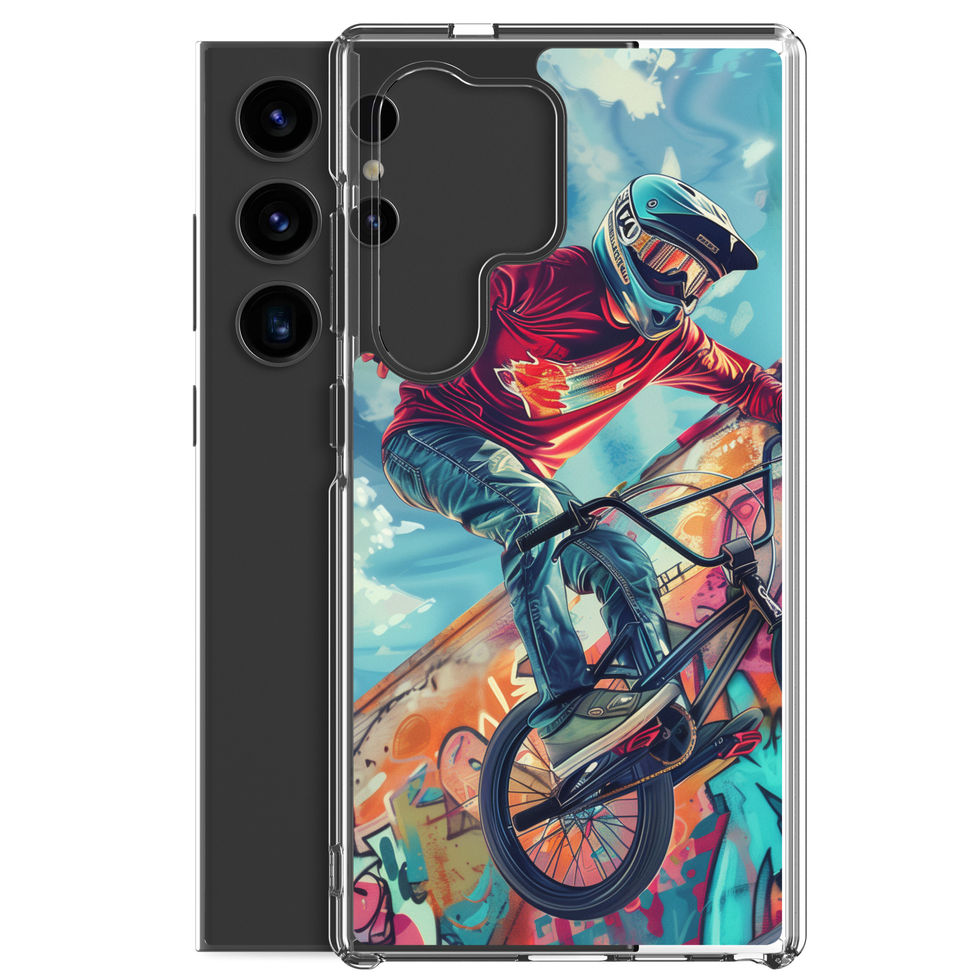 Graffiti Ride Clear case for Galaxy S24 Ultra, red-top BMX rider and vivid graffiti, rear view on white