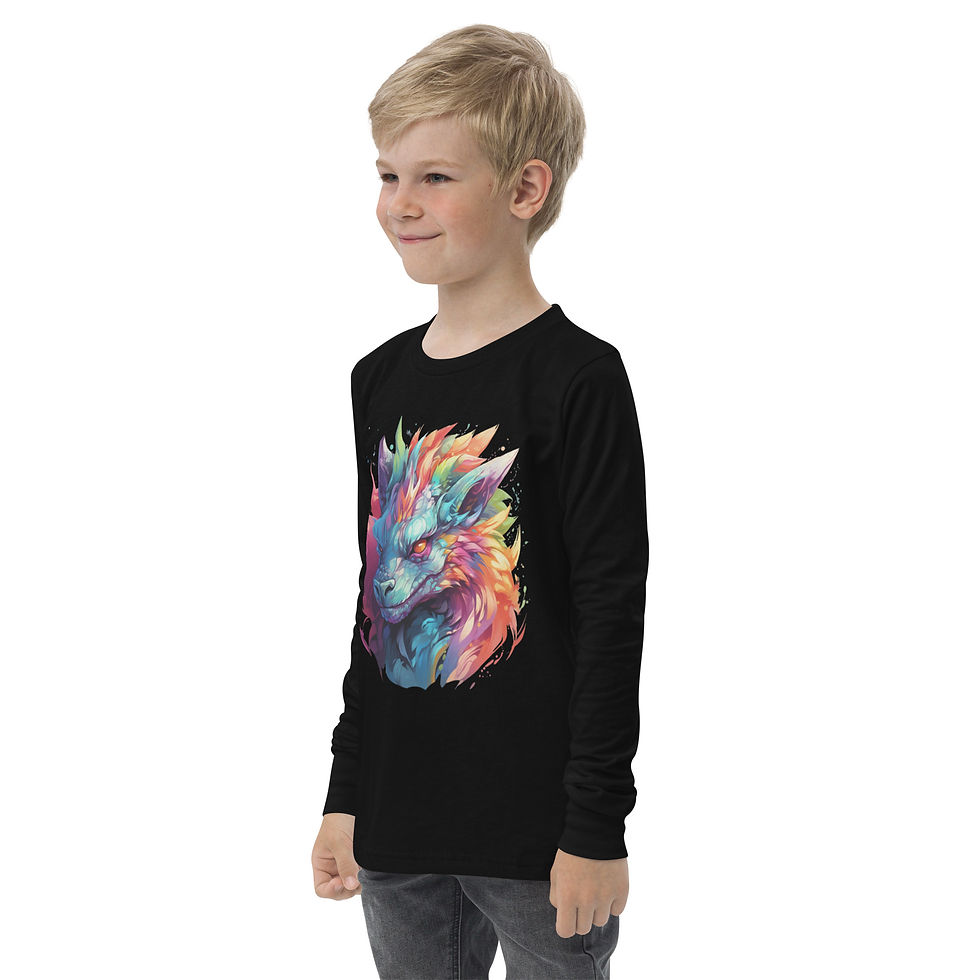Mystic Flame: black youth long-sleeve T-shirt with a rainbow-coloured dragon, child turned left