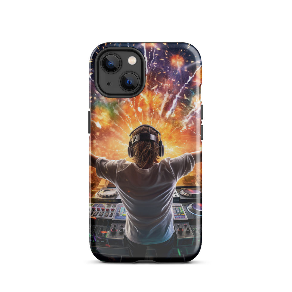 Neon DJ tough iPhone case showing a DJ at the mixing desk under bright orange and purple lights for iPhone 13 Pro