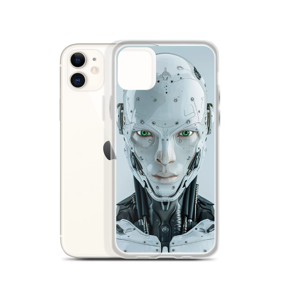 Pearl-white AI sentinel with composed expression; front product view on an iPhone® Clear Case.