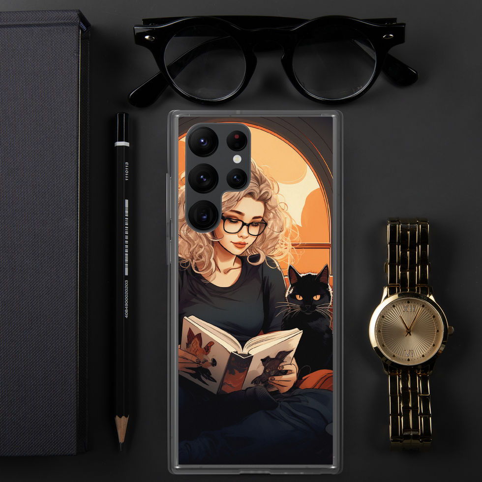 Literary Haven clear Samsung case with book held close to the reader