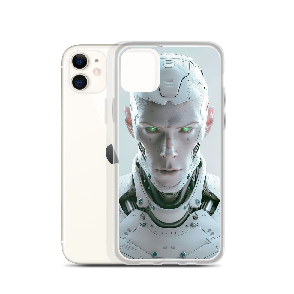 Pearl-white AI guardian with disciplined expression; front product view on an iPhone® Clear Case.