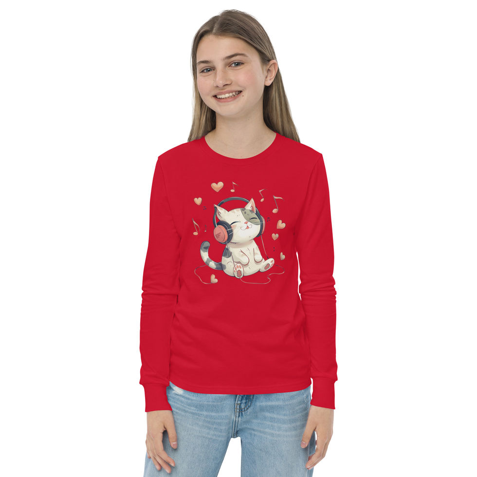 Musical Kitty Bliss: red youth long-sleeve T-shirt with kitten in pink headphones, worn by child