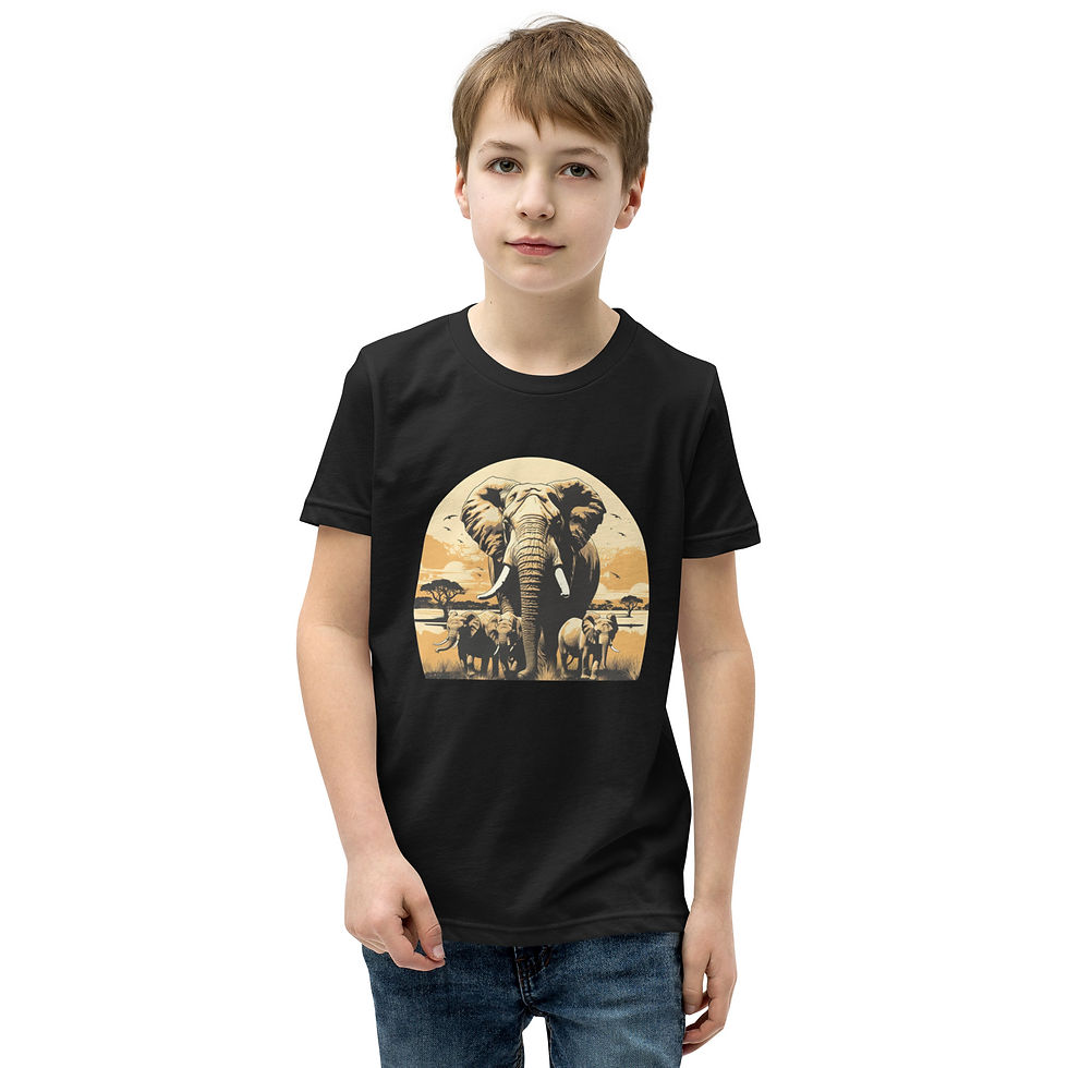 Majestic Herd: black youth short-sleeve T-shirt with elephants against a golden sunset, worn by child
