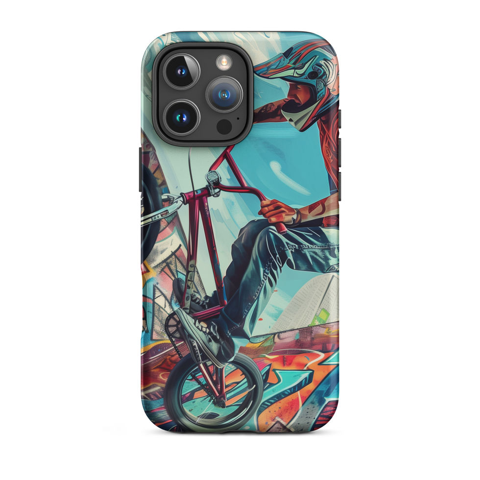 Urban Freestyle Tough case for iPhone 16 Pro Max, BMX rider and colourful graffiti, rear view on white background