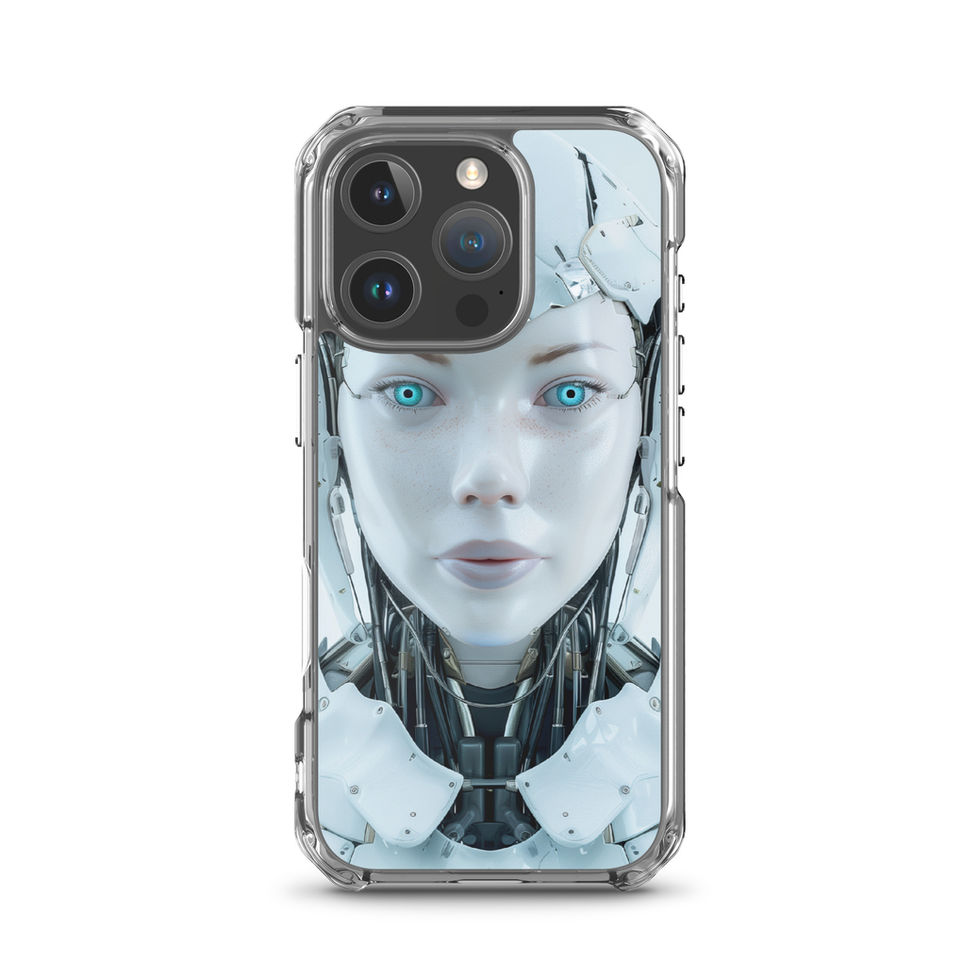 Cool-toned android artwork on a clear protective phone cover – close-up artwork detail