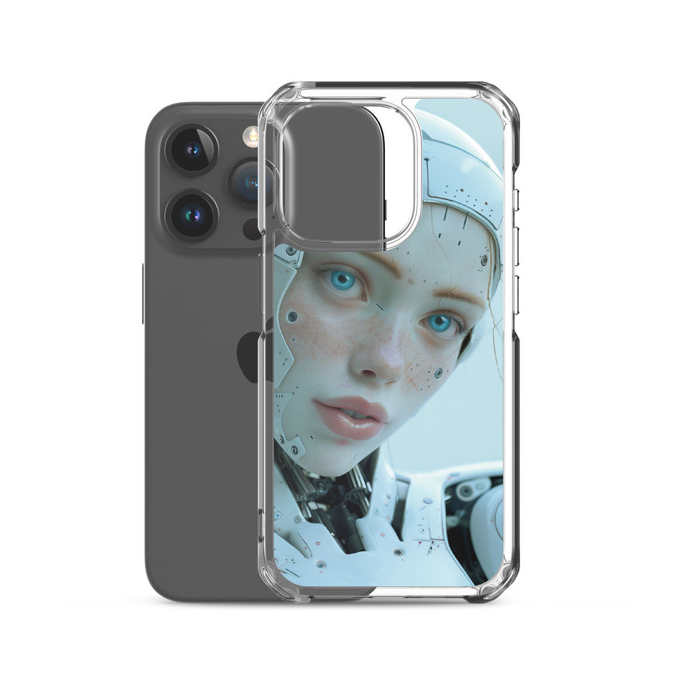 Elegant female cyborg with exposed jaw circuitry on an iPhone case – front product view