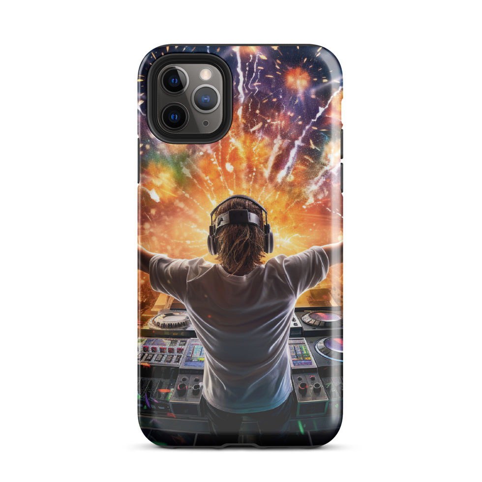 Neon DJ tough iPhone case showing a DJ at the mixing desk under bright orange and purple lights for iPhone 12 mini
