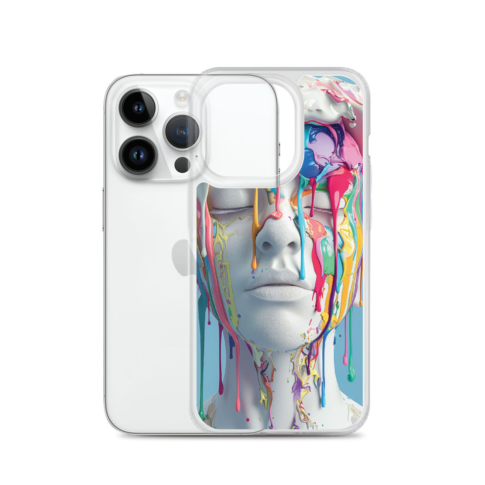 Chromatic Awakening clear iPhone case with vivid expressive portrait artwork, flat lay, image 29
