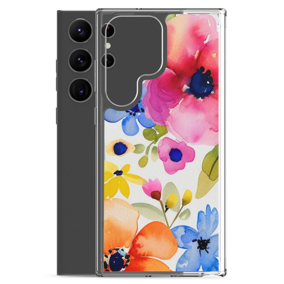 Wild Garden Waltz clear Samsung case with flowing pink and coral flowers — angled front view variation 27 of 34