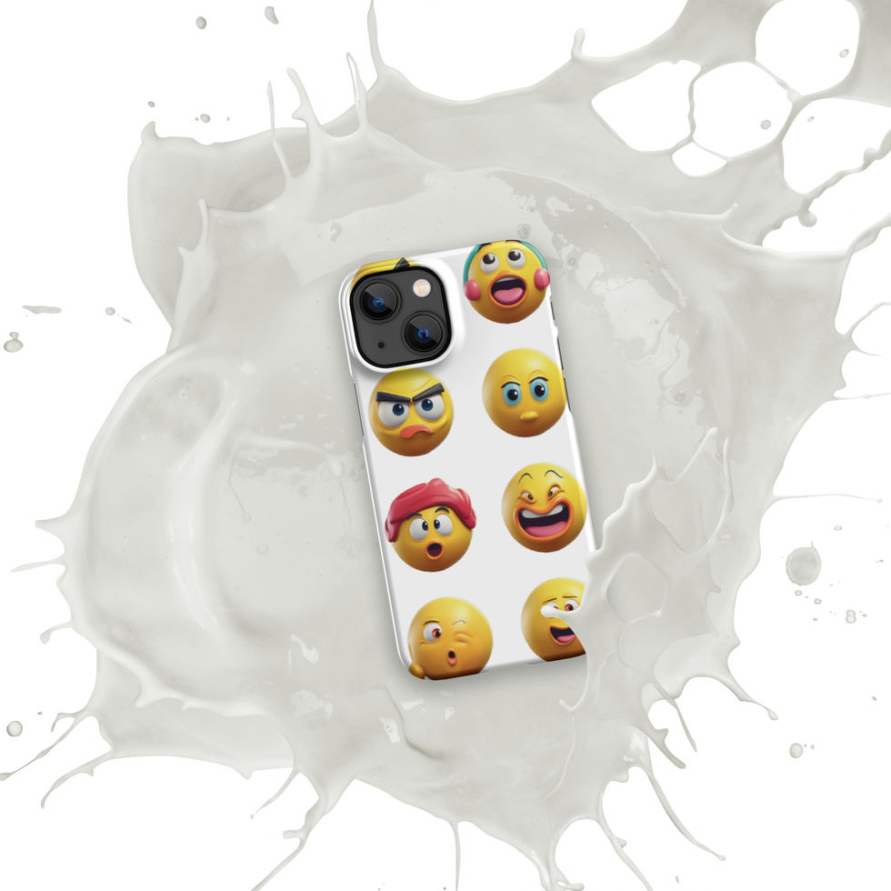 Emoji Frenzy snap iPhone case showing silly grin across its case artwork, over a white paint splash.
