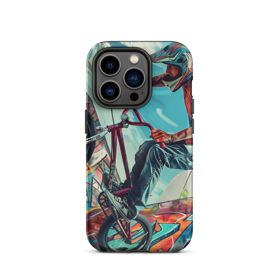 Urban Freestyle Tough case for iPhone 14 Pro, BMX rider and colourful graffiti, rear view on white background