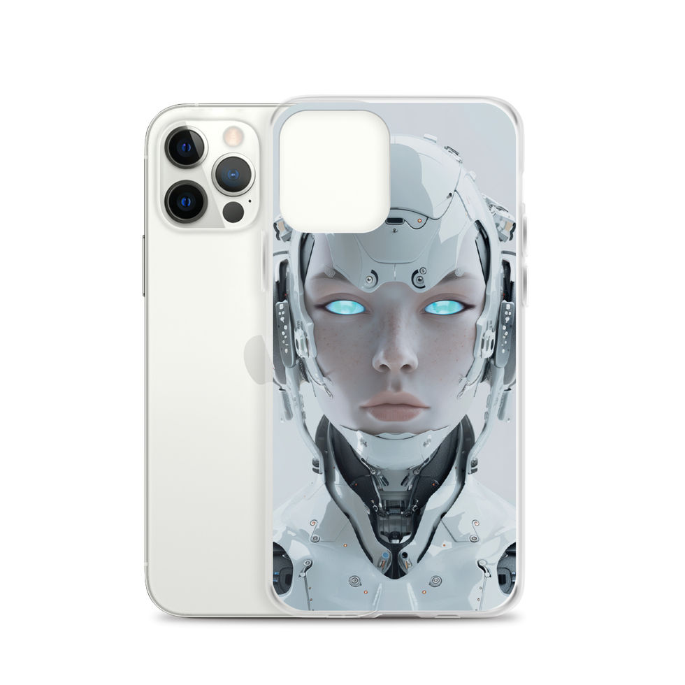 Pale-metal female android with graphite jaw mechanics; close-up detail on an iPhone® Clear Case.
