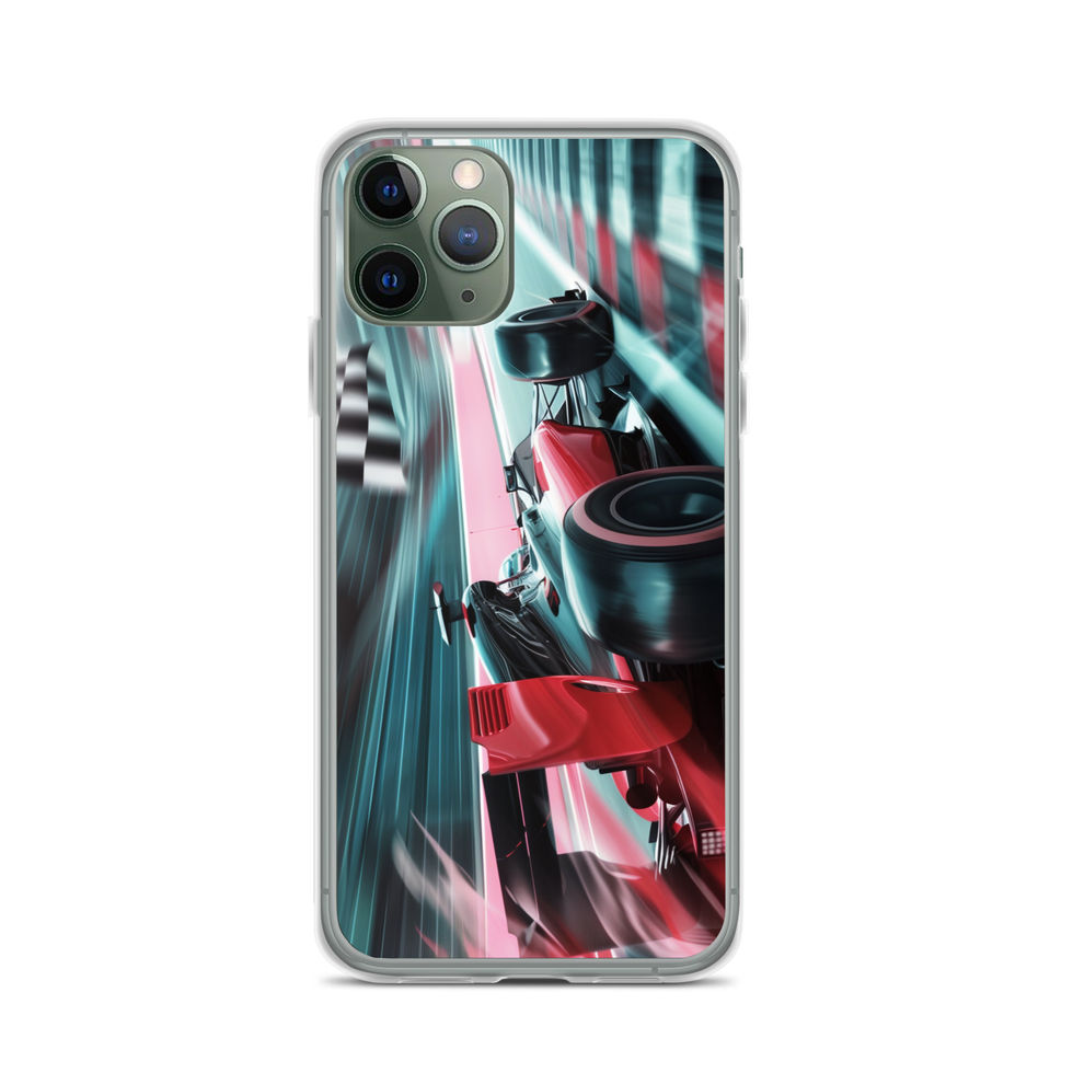 Finish Line Fury Clear case for iPhone 11 Pro, red race car and teal streaks, rear view on white