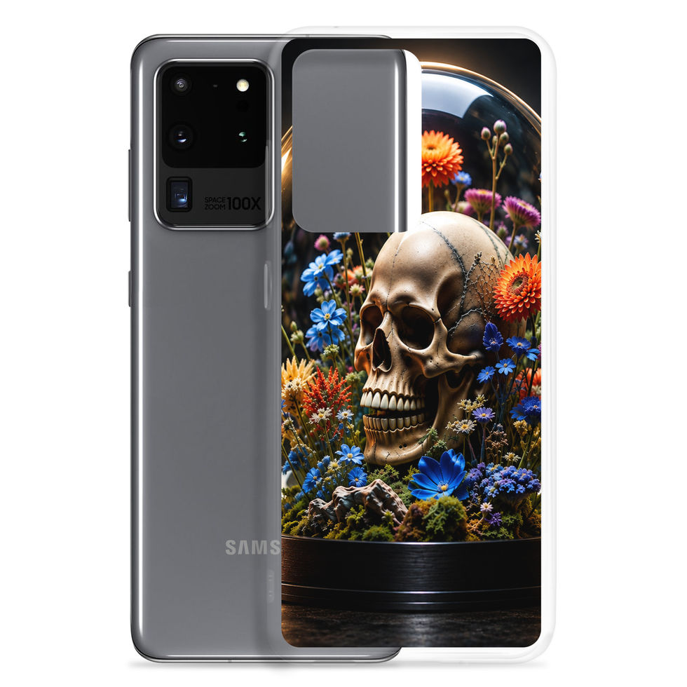 Floral Requiem Clear Samsung case showing skull emerging from a dense nighttime garden
