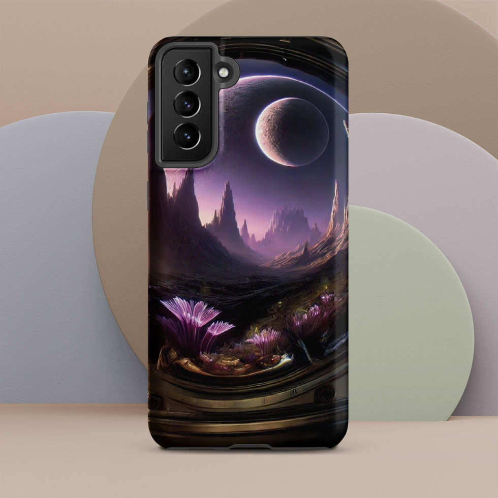 Otherworldly Horizons tough case on Samsung Galaxy S21 FE, glowing purple world above a dark alien landscape