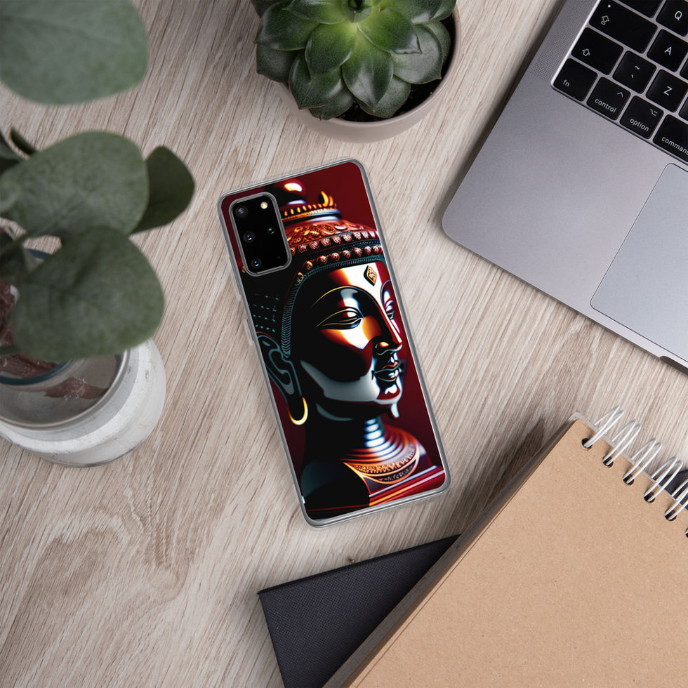 Majestic Buddha Head Samsung clear case on a laptop desk; glossy sculpted face against deep crimson.