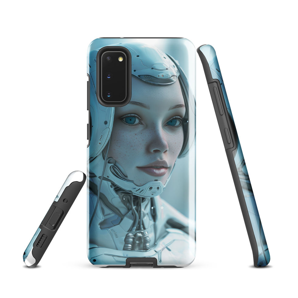 Pearlescent robot portrait with silver-blue facial panels; front product view on a Samsung® Tough Case.