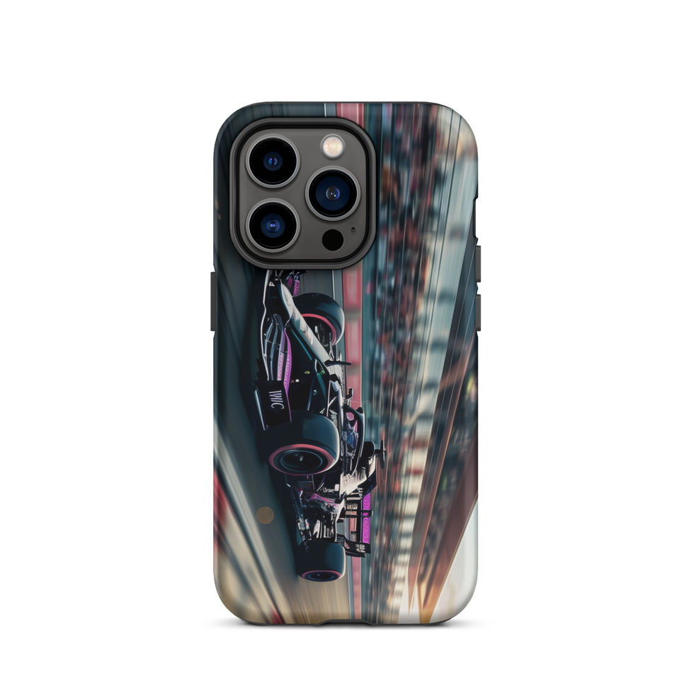 Black n Purple Power Tough case for iPhone 14 Pro, black and purple race car artwork, rear view on white