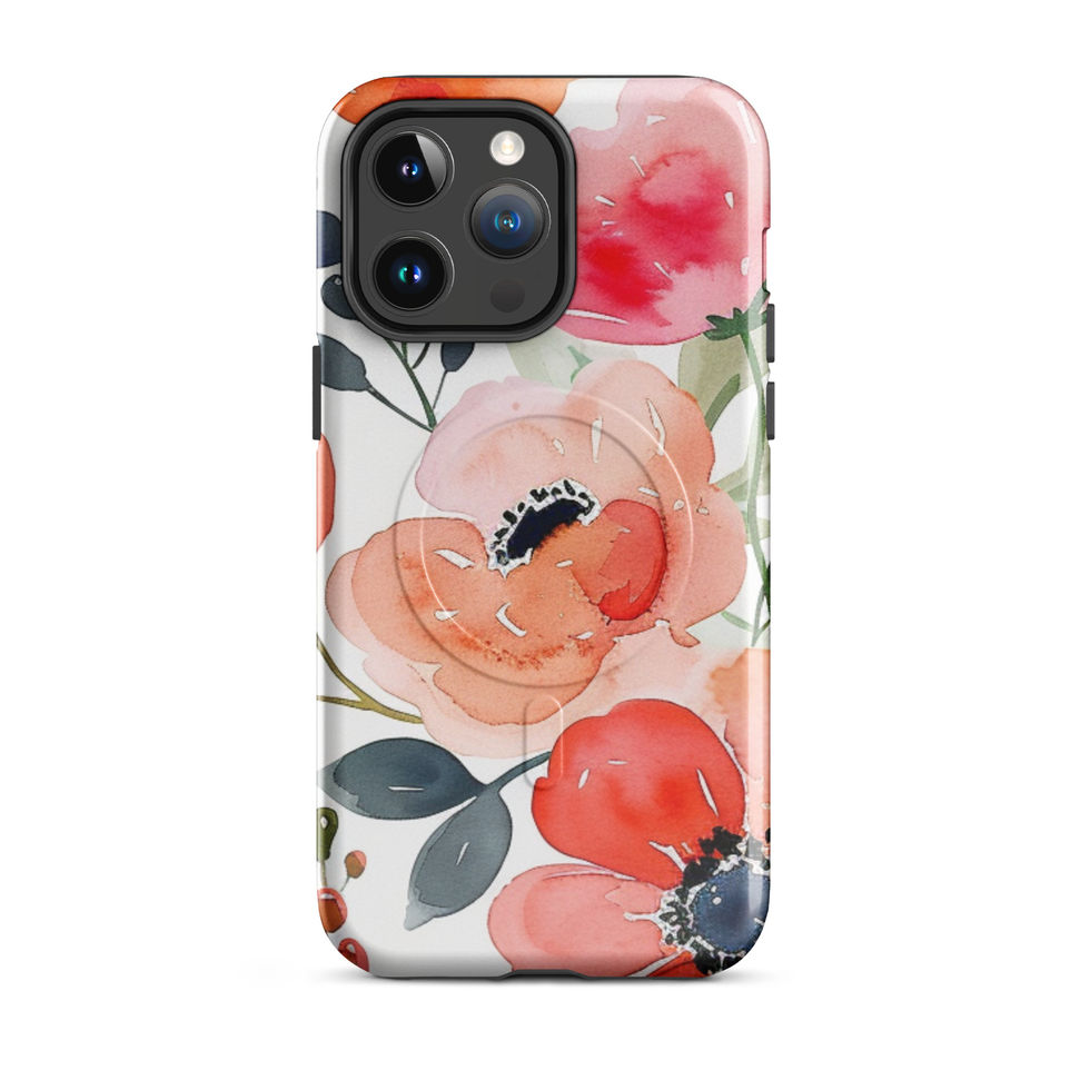 Vibrance Bloom painted garden MagSafe tough case for iPhone 15 with pink and orange blooms