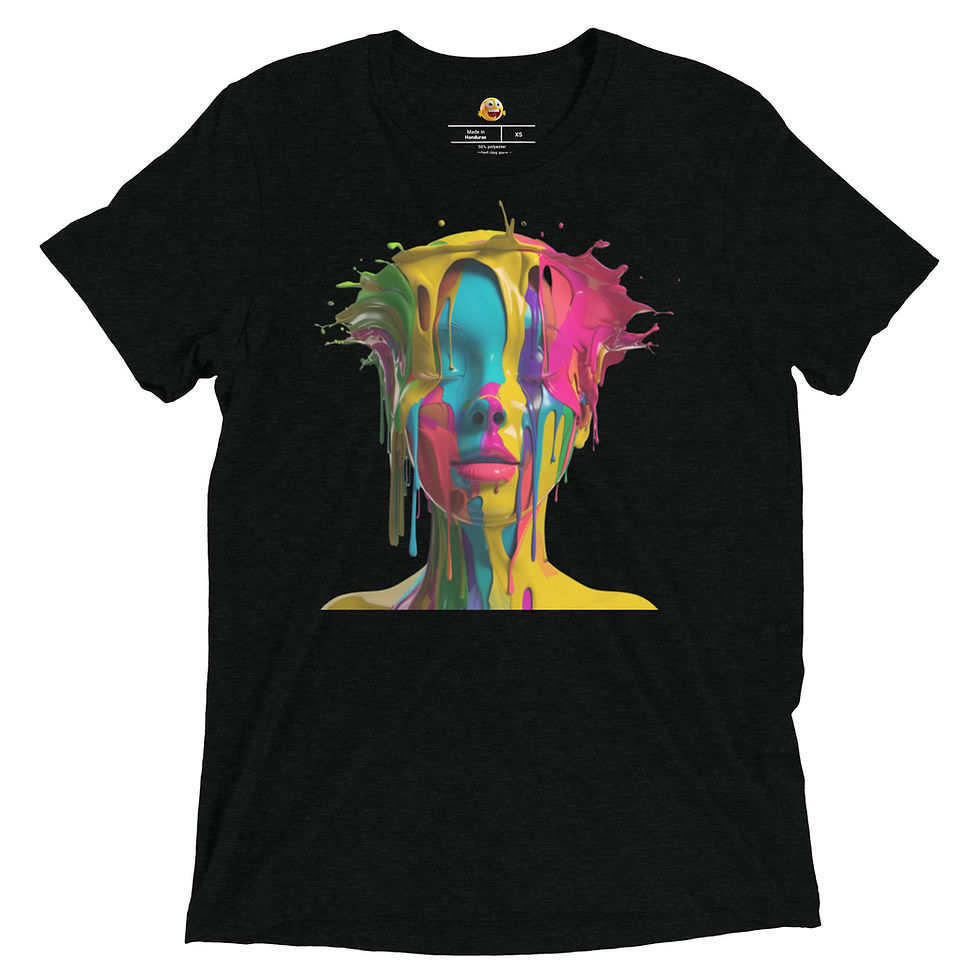 Vibrant Essence: black women's crew-neck T-shirt with face formed from yellow, blue and pink liquid paint