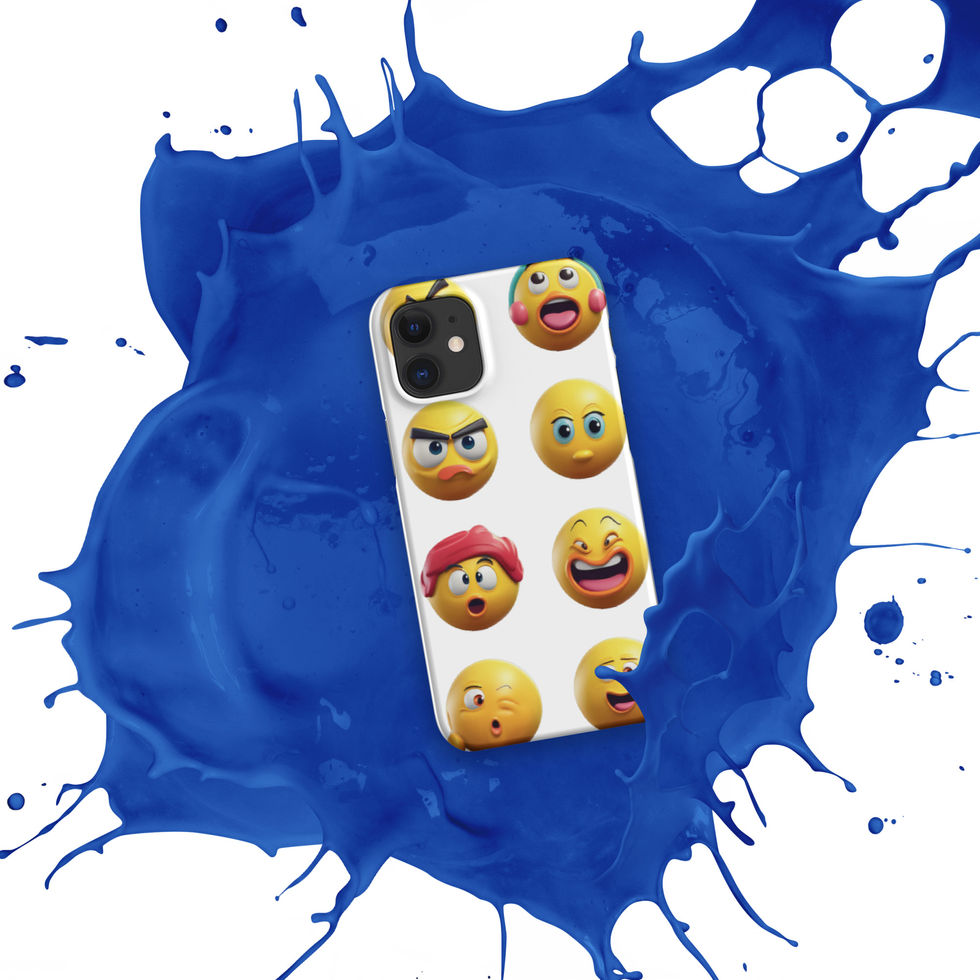Emoji Frenzy snap iPhone case showing silly grin across its phone back, over a blue paint splash.