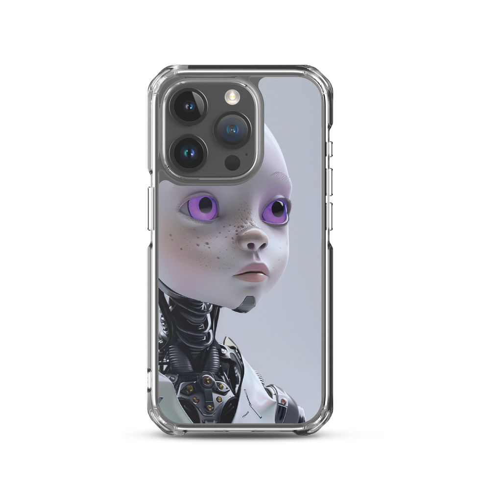 Silver AI child portrait on a transparent Apple phone cover, sleek rear product view