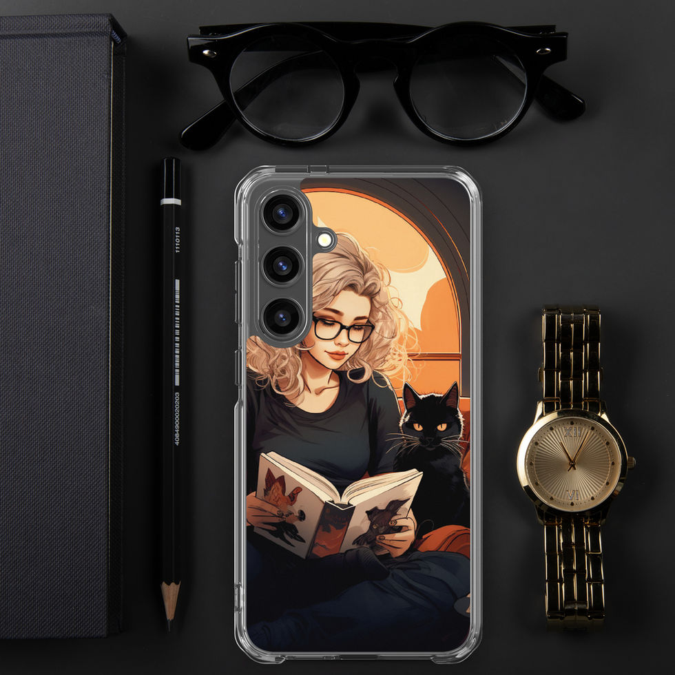 Printed back of Literary Haven Samsung clear case showing soft amber halo