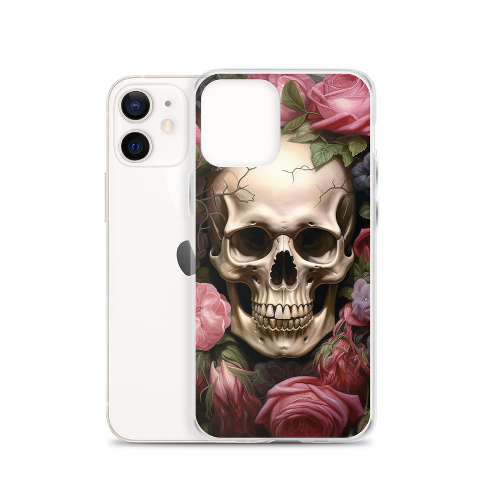 Crimson Bloom clear iPhone case with floral frame around a centred skull