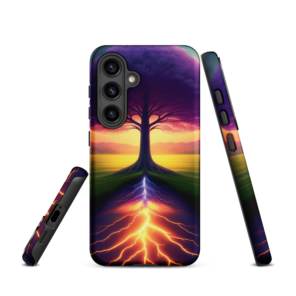 Ethereal Roots tough Samsung case with green landscape below a vivid sunset.