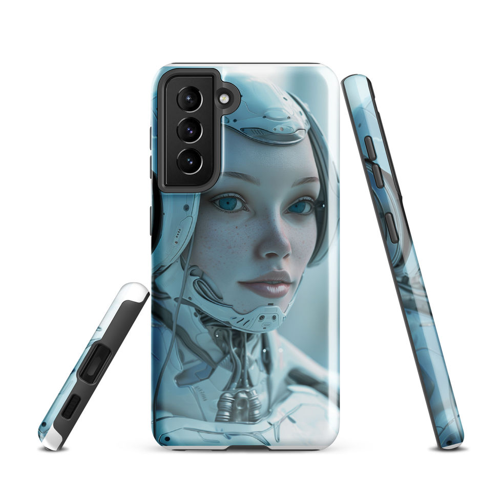 Angled Cybernetic Muse portrait on a teal-grey background; front product view on a Samsung® Tough Case.