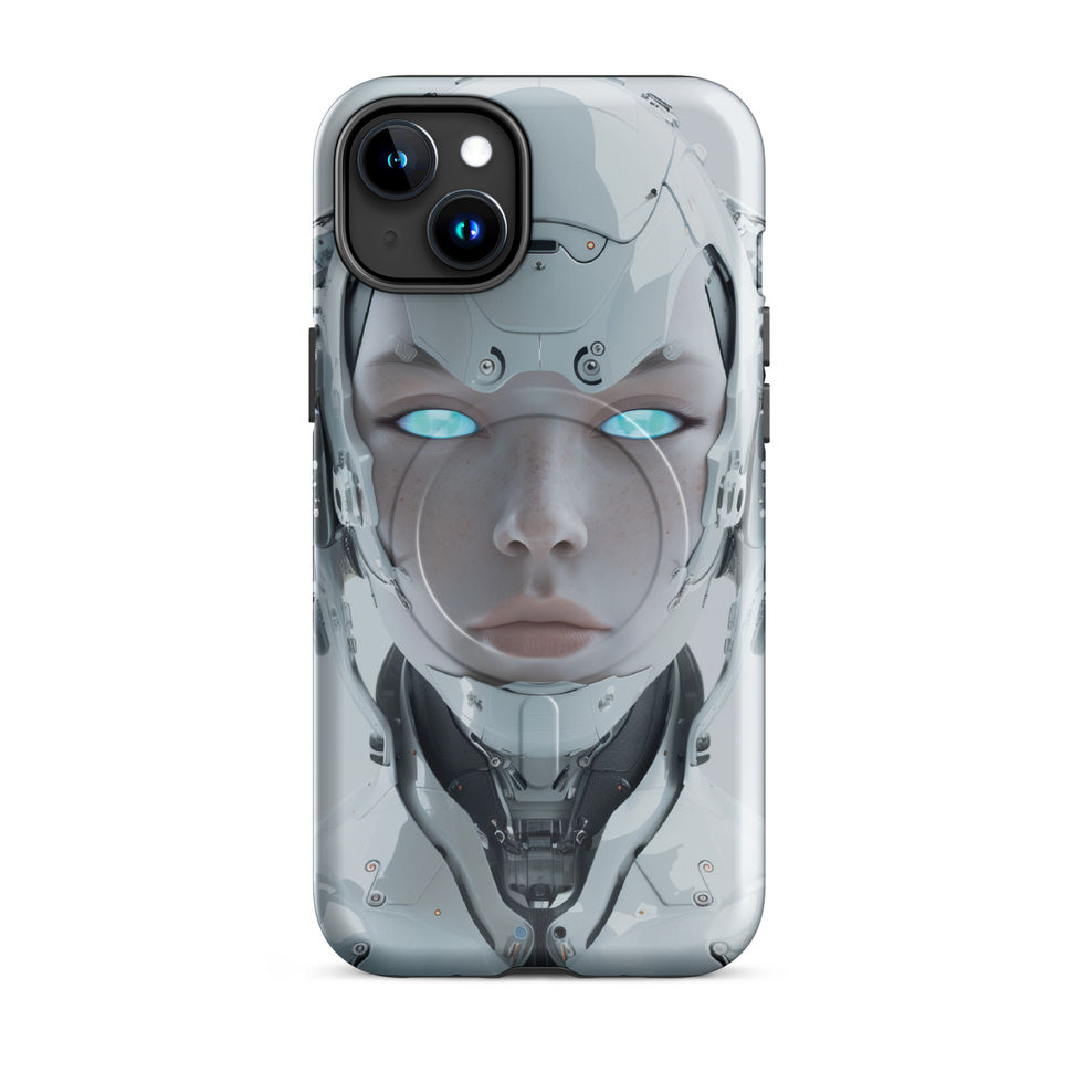 Humanoid android with rose tones and dark neck parts; front product view on an iPhone® MagSafe Tough Case.