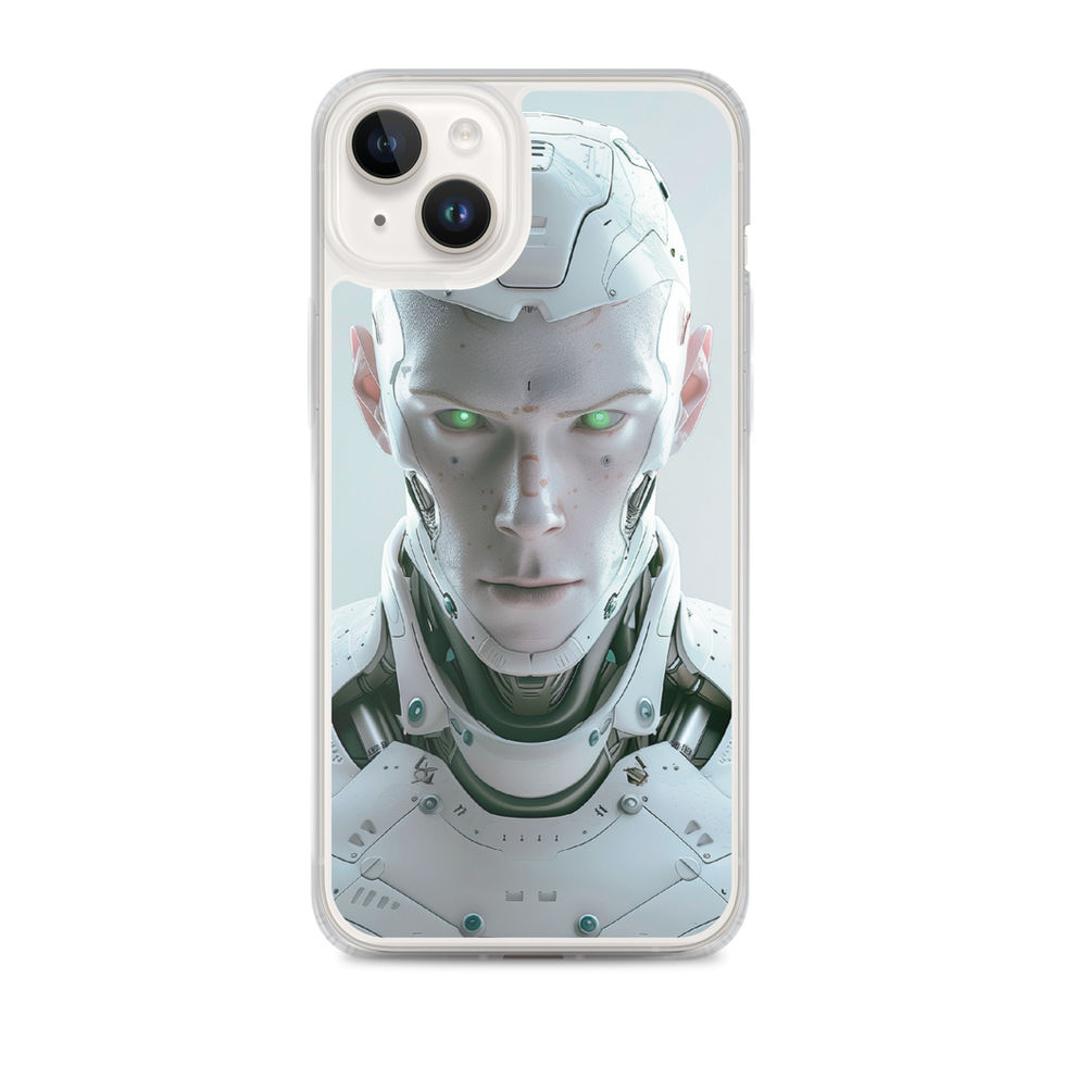 Cybernetic Vanguard white android with vivid green eyes; front product view on an iPhone® Clear Case.