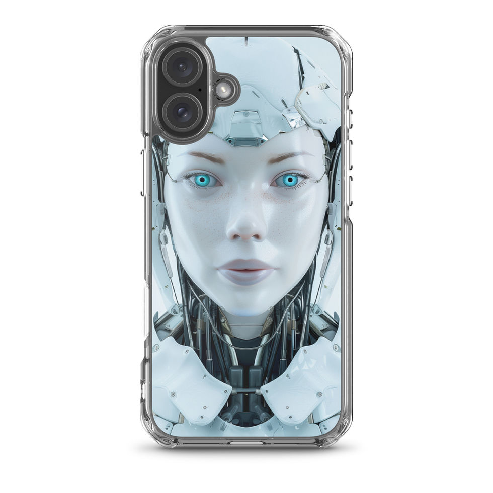 Elegant female cyborg with exposed neck mechanics on a transparent case – transparent-edge phone preview