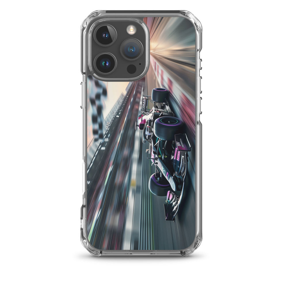 Midnight Velocity Clear case for iPhone 16 Pro Max, race car and night lights, phone and case on white