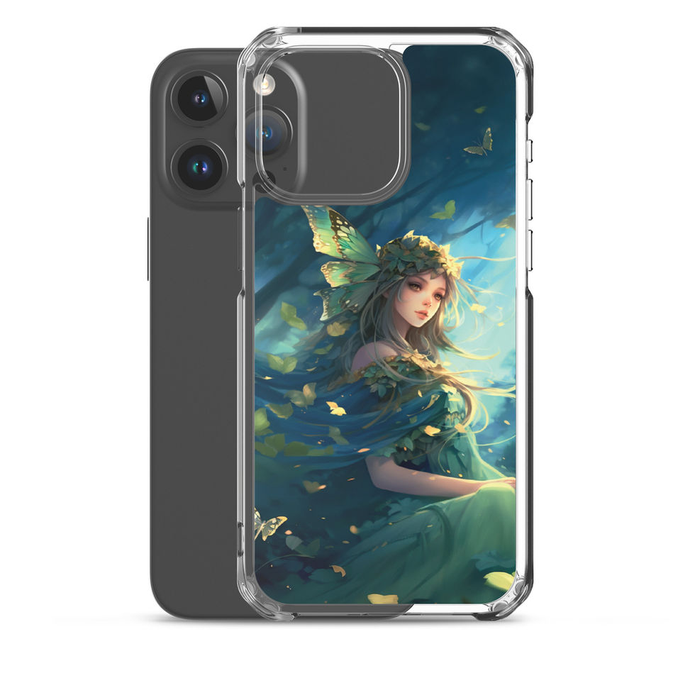 Printed back of Forest Enchantress iPhone clear case showing green branches encircling the scene