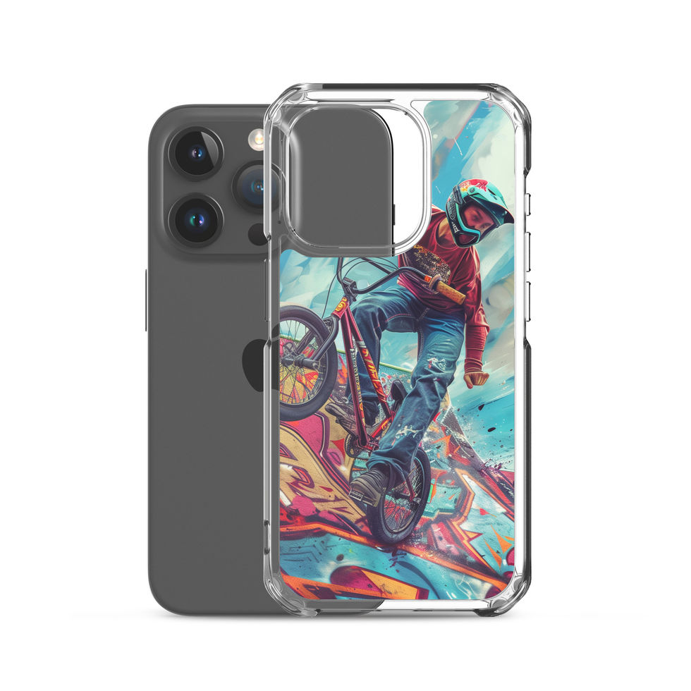 Ramp Rebel Clear case for iPhone 15 Pro, red-jacketed BMX rider and graffiti, rear view on white