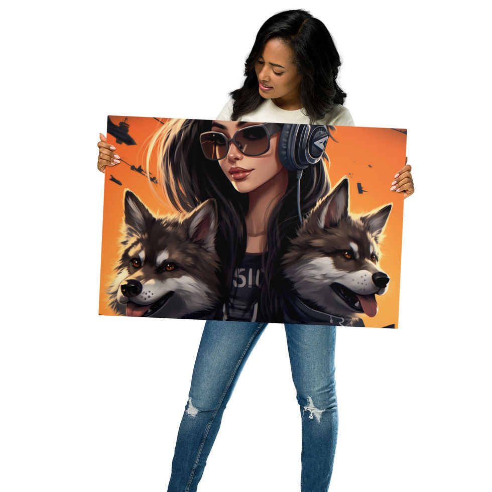 Guardian Frequencies metal print held by a woman: orange geometric shapes behind a woman and wolves