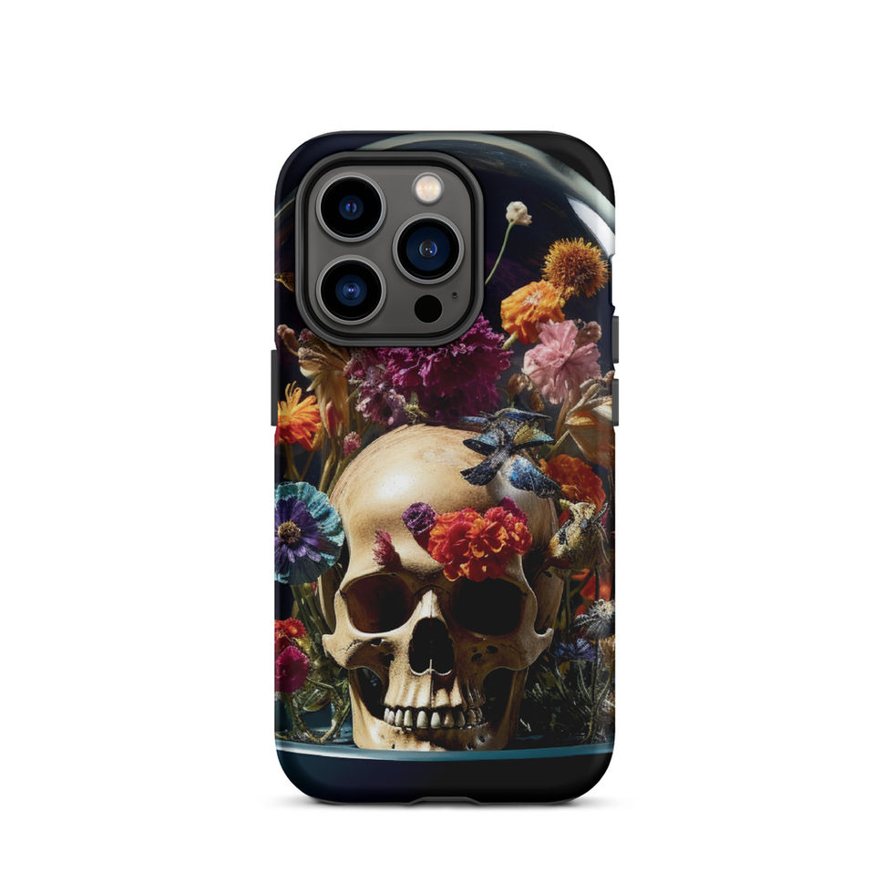 Bloom & Bones tough iPhone case showing cream jaw beneath a red blossom
