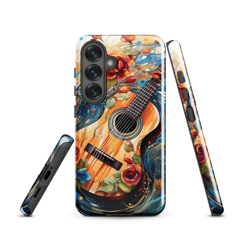 Melodic Waves protective Samsung Tough Case beside a wristwatch, showing the blue music-and-ocean artwork, image 11.