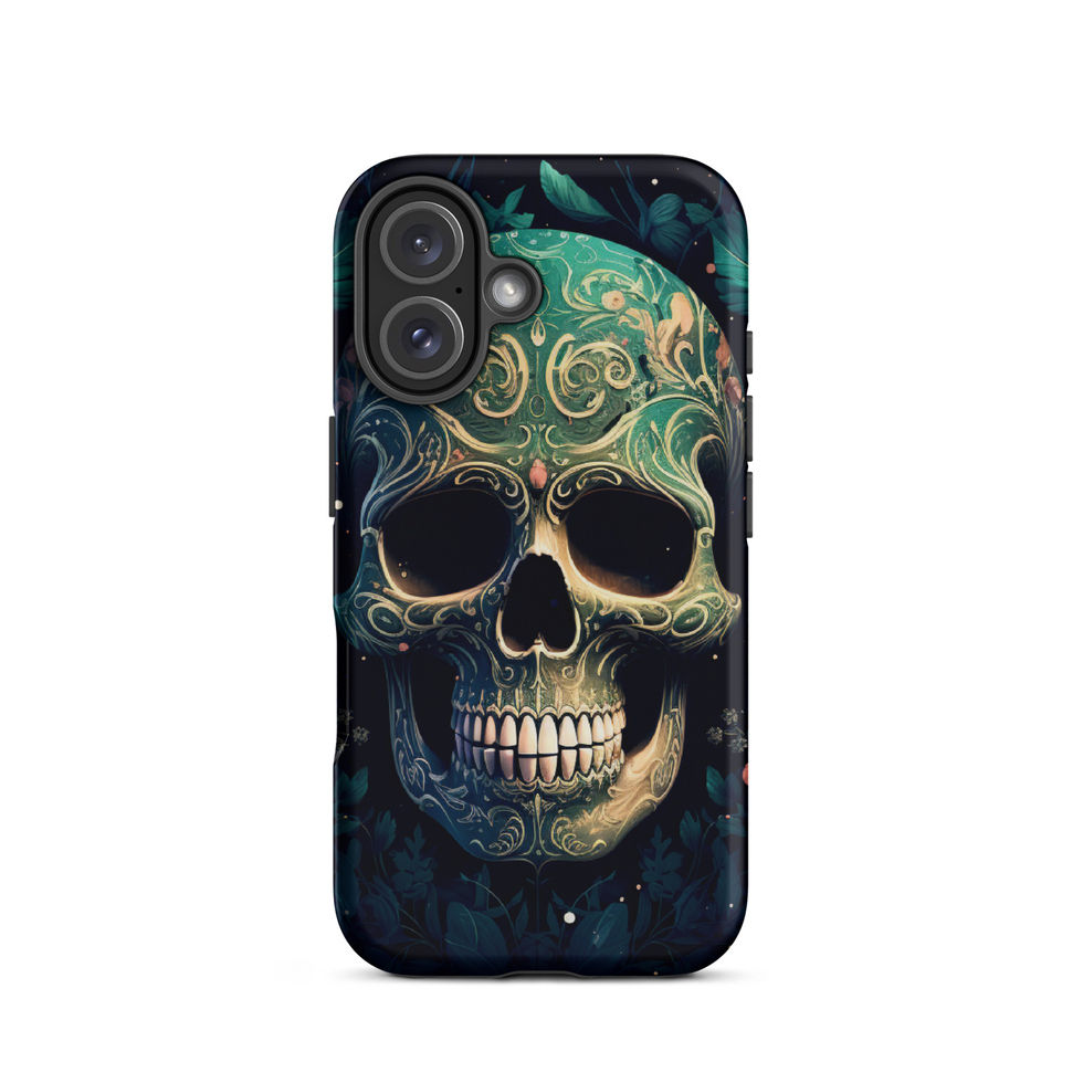 Emerald Requiem tough iPhone case showing the ornate skull beside a model-specific camera cutout