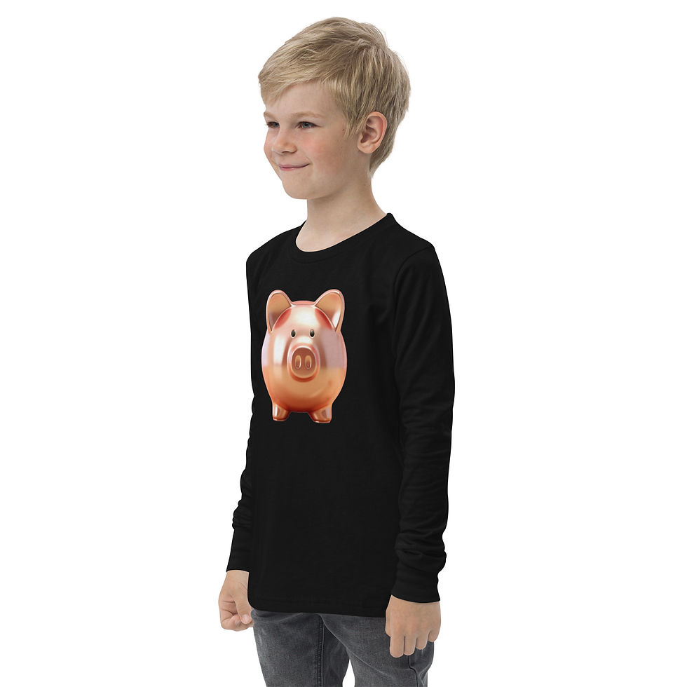Golden Gleam: black youth long-sleeve T-shirt with rose-gold piggy bank, child turned left