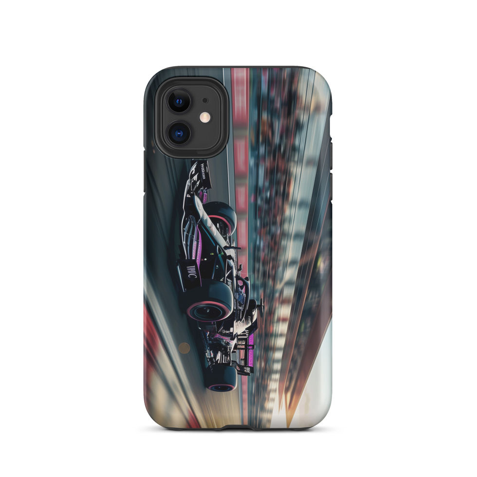 Black n Purple Power Tough case for iPhone 11, black and purple race car artwork, rear view on white