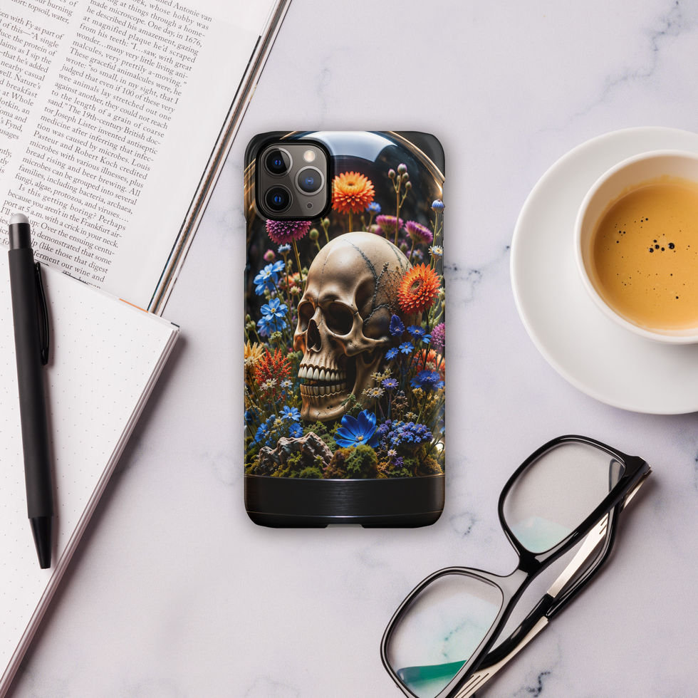Floral Requiem Snap iPhone case showing orange blooms and dark foliage framing the skull