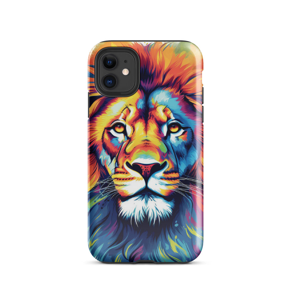 Neon Majesty electric lion artwork on a tough iPhone case — rear artwork view in clean studio lighting